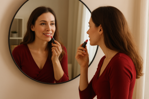 woman getting ready for a date putting on makeup